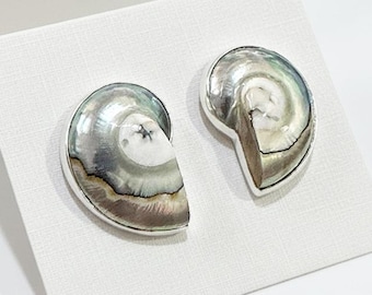 Handmade Sterling Silver Nautilus Shell Stud Earrings: Ocean Jewelry