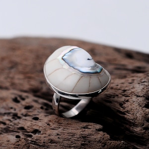 Può includere: Un anello d'argento con un'incisione di conchiglia bianca e iridescente. L'anello è posto su un pezzo di legno galleggiante.