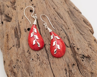 Red coral earrings, teardrop dangles, sterling silver 925