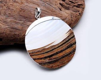 Patina White Abalone Shell Silver Pendant with 925 Sterling Silver, Handmade Jewelry