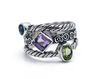 Handgemaakte sterlingzilveren edelsteenstapelringen: peridot, topaas, amethist