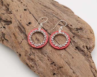 Red Coral Hoop Dangle Earrings, 925 Sterling Silver Balinese Patern