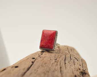 Natural Red Coral Ring – Sterling Silver Rectangular Statement Ring