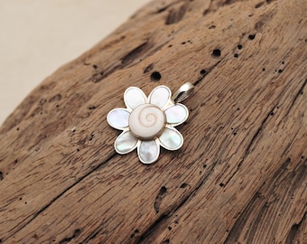 Flower Shiva Eye & Mother of Pearl Pendant: Sterling Silver Ocean Jewelry
