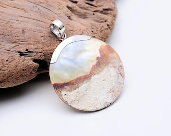 Patina Mother Of Pearl Shell Pendant with 925 Sterling Silver, Handmade Jewelry