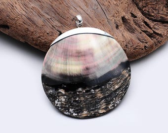 Patina Black Leaf Shell Silver Pendant, Handmade Jewelry