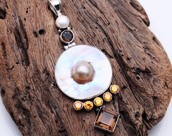 Mabe-parelhanger: ketting van sterlingzilver, citrien en rokerige topaas