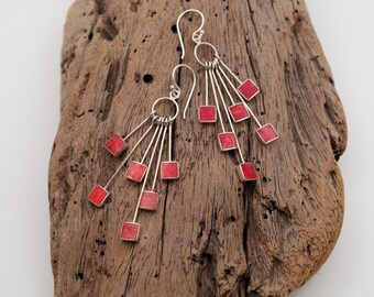 Red Coral Silver Dangle Earrings, 925 Sterling Silver , Boho Statement Jewelry