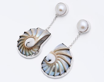Handmade Nautilus Shell & Pearl 925 Sterling Silver Stud Earrings
