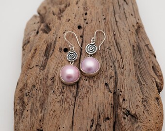 Pink Mabe Pearl Drop Earrings, 925 Sterling Silver Balinese Spiral Dangle Earrings