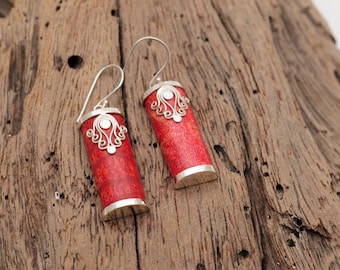 Red Coral Silver Earrings, Sterling Silver Dangle Earrings