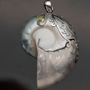 Nautilus Shell Pendant with Peridot Stone | 925 Sterling Silver | Handmade Product