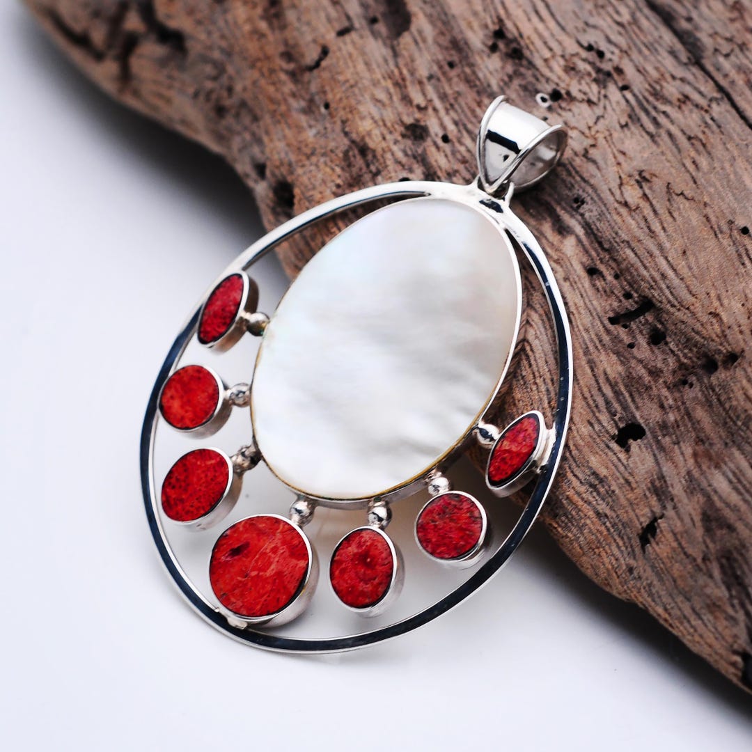 Mother of Pearl & Red Coral Pendant: Sterling Silver Ocean Necklace - Etsy