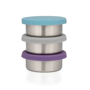 May include: Three stackable stainless steel containers with silicone lids. The lids are blue, grey, and purple.