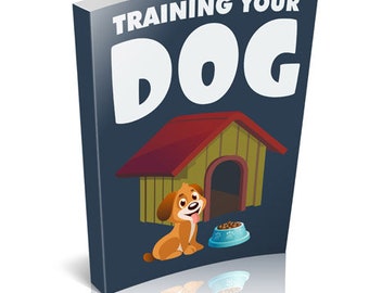 May include: A blue book with the title "Training Your Dog" in white text. The cover features a cartoon dog in a doghouse with a bowl of food.