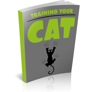Puede incluir: Un libro gris con el título "Training Your Cat" en texto negro. Una silueta de gato verde con garras verdes está arañando la portada del libro.