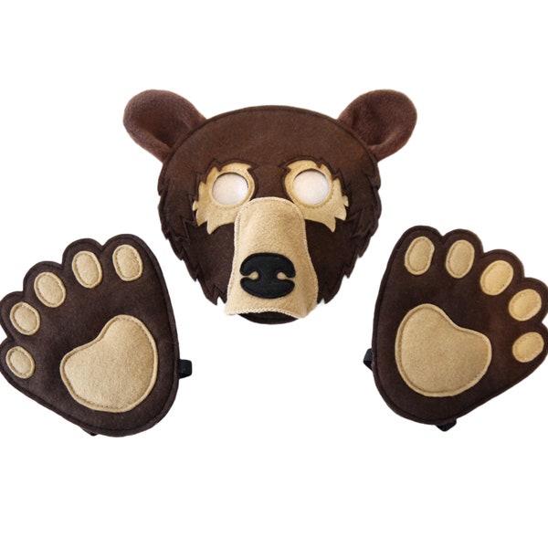 Brown Bear book day costume mask and paws costume, world book day, children's and adult size gift party theatre, grizzly bear dress up