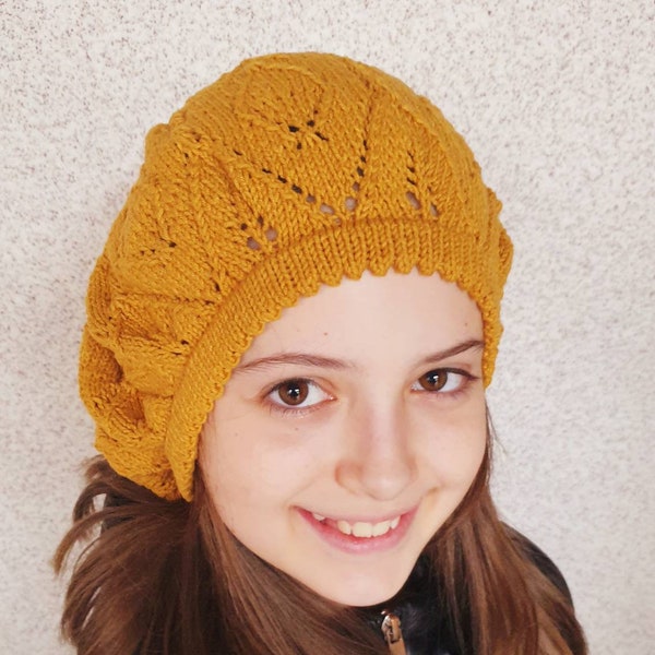 French style knitted spring mustard beret for women.