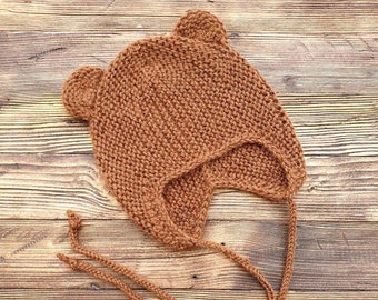 100 % Alpaca. Knit baby bear hat with ears. Baby Bear bonnet