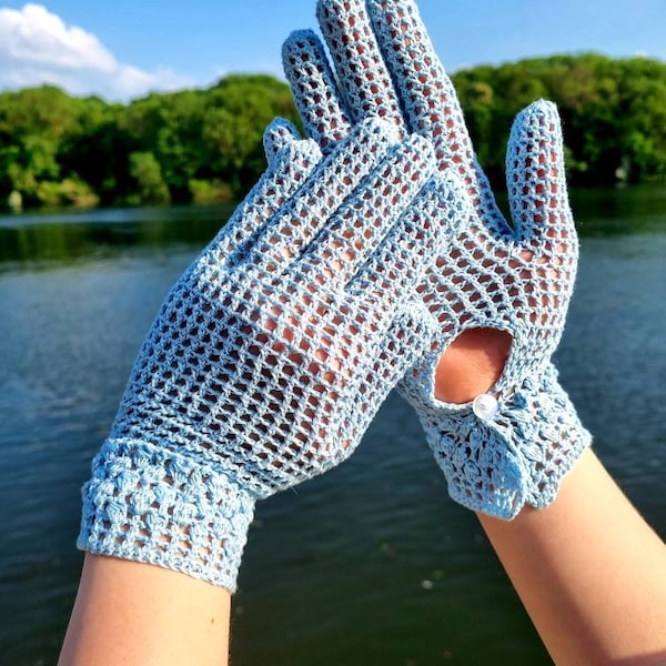 Gants de mariage en dentelle au crochet pour femme, couleur bleu clair, 100 % coton