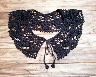 Handmade Crochet Lace Collar: Black Cotton Renaissance Necklace