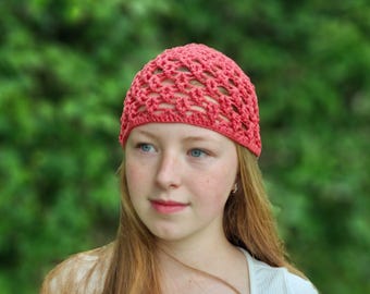Gorro de malla de crochet hecho a mano, gorro de calavera de algodón transpirable