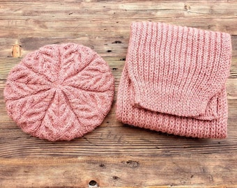 Conjunto de boina y bufanda de lana de alpaca tejida a mano: disponible en 6 colores y tamaños personalizados