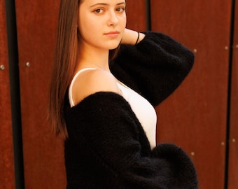 Hand-Knitted Black Mohair Cardigan with Puff Sleeves