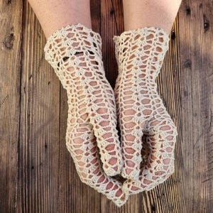 Guantes de encaje de crochet para boda para mujer, beige 100 % algodón, guantes para fiesta de té