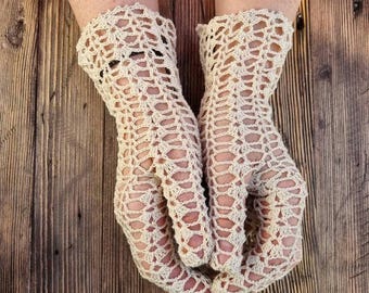 Wedding lace crochet gloves for women, beige 100 % cotton, tea party gloves
