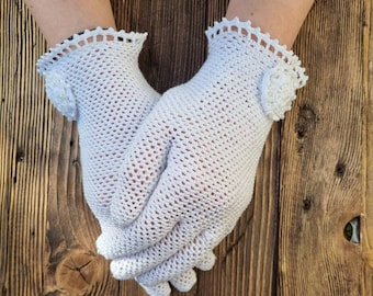 Wedding lace crochet gloves for women, white 100 % cotton
