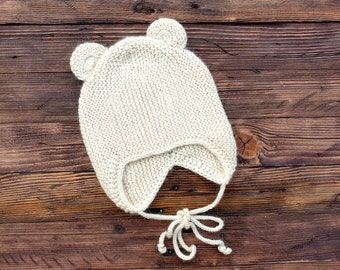 100 % Alpaca. Knit baby bear hat with ears. Baby Bear bonnet