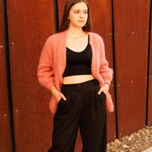 Hand-Knitted Pink Mohair Cardigan with 3/4 Sleeves