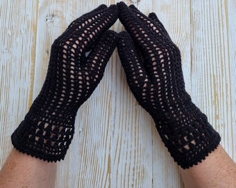 Gothic lace crochet gloves for women, Black,  100 % cotton