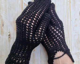 Gothic lace crochet gloves for women, Black,  100 % cotton