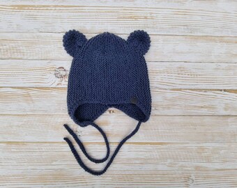 100 % Alpaca. Knit baby bear hat with ears. Baby Bear bonnet