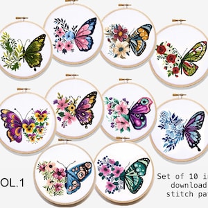 Könnte beinhalten: Set aus 10 Kreuzstichmustern mit bunten Schmetterlingsdesigns und floralen Akzenten. Jedes Design wird in einem hölzernen Stickrahmen präsentiert. Der Text "VOL. 1" und "Set of 10 instant download cross stitch patterns" ist sichtbar.