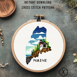 Maine State Modern Cross Stitch Pattern, Lighthouse Acadia National Park (PDF Download)