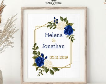 Wedding cross stitch pattern, personalized floral wreath, anniversary, wedding gift DIY, digital PDF