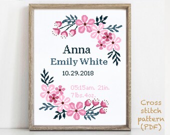 Cross Stitch Pattern Cherry blossom wreath cross stitch floral baby girl announcement nursery personalized custom Digital Format - PDF