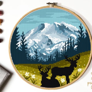 Landschaft Modernes Kreuzstichmuster, Natur Kreuzstichvorlage, Mount Rainier Nationalpark, Hirsch, Berge, Wald, sofort PDF