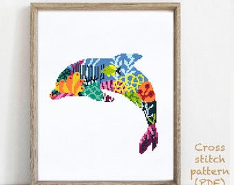 Dolphin Modern Cross Stitch Pattern, easy counted cross stitch chart, animal cross stitch, nature, hoop art, instant download PDF