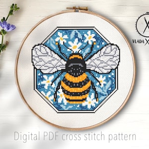 Honey bee Modern Cross Stitch Pattern, flowers, insect counted cross stitch chart, nature, hoop embroidery, Instant download PDF