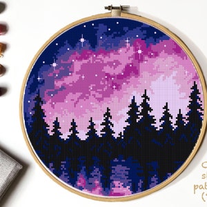 Landscape Modern Cross Stitch Pattern, forest counted cross stitch chart, starry sky cross stitch,  hoop art, embroidery, instant PDF