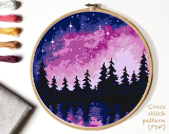 Landscape Modern Cross Stitch Pattern, forest counted cross stitch chart, starry sky cross stitch,  hoop art, embroidery, instant PDF