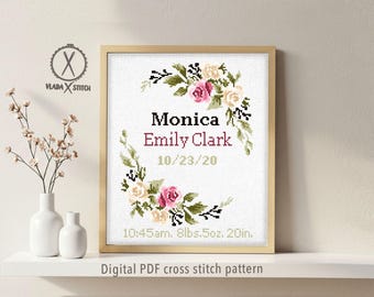 Modern Birth Announcement Cross Stitch Pattern, Floral Baby Decor (Digital PDF)