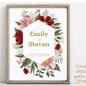 Wedding modern cross stitch pattern, personalized, customized, floral, wreath, counted,  love, anniversary, wedding gift DIY, digital PDF