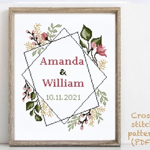 Wedding modern cross stitch pattern, personalized, customized, floral, wreath, counted, chart,  anniversary, wedding gift DIY, digital PDF
