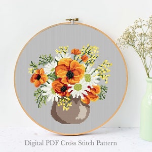 Floral bouquet Modern Cross Stitch Pattern, flower vase counted cross stitch chart, poppies, camomile, Instant download PDF