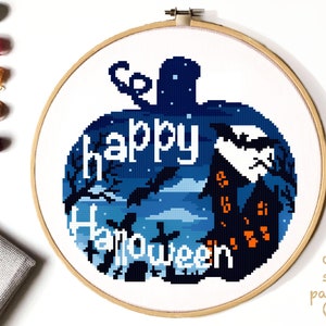 Halloween Modern Cross Stitch Pattern, castle cross stitch chart, pumpkin ,nature, round, embroidery, INSTANT DOWNLOAD PDF image 1